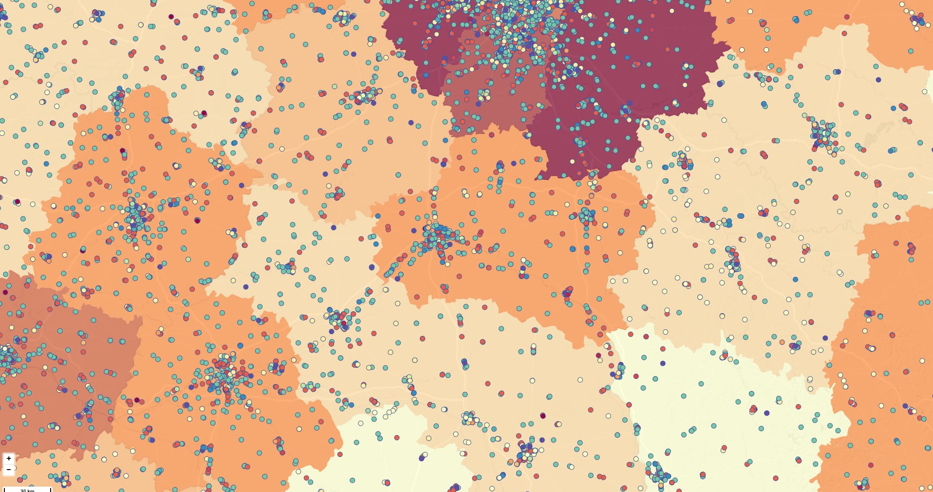 Geo-marketing choropleth map of the automotive aftermarket, showing garage density and regional potential