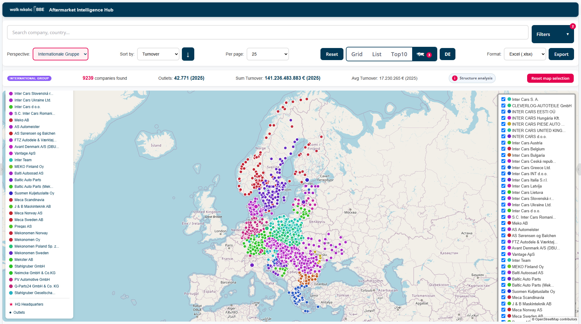 Categorised car repair shop addresses mapped by network across Europe