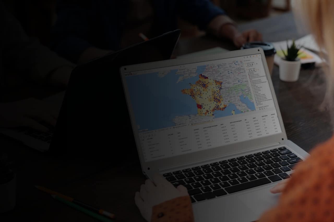 Analyst using the Wolk geo-marketing tool, showing automotive garages mapped by catchment area across a region